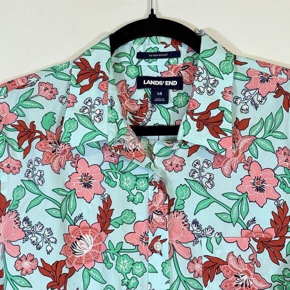 Lands' End Womens 14 Aqua Floral Button Up 3/4 Sleeve Supima No Iron Top Shirt - Picture 2 of 7